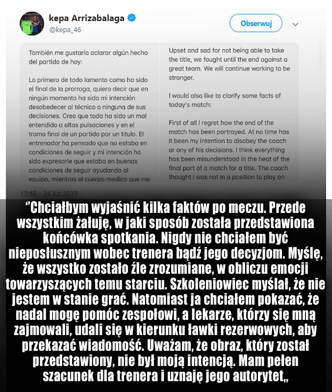 Tak kepa Arrizabalaga tłumaczy swojego zachowanie! :D